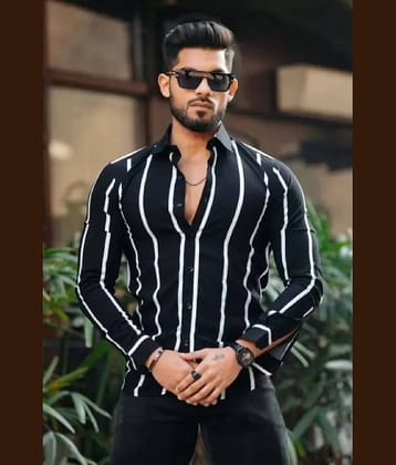 ARZ Poly Cotton Regular Fit Striped Full Sleeves Men's Casual Shirt - Black ( Pack of 1 )