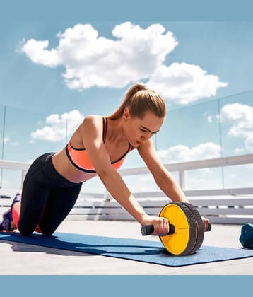 HORSE FIT Abs Roller for Men & Women Stomach Abs Roller Wheel for Home Workout, Gym Ab Roller for Men Abs Workout Equipment for Abdominal Ab Roller Home Exercise Equipment With Knee Mat -(Yellow)