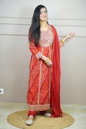 Red Colour Bandhani Print Anarkali Kurta Set with Mirror & Zari Work Comes with Pant & Dupatta-XL / Red