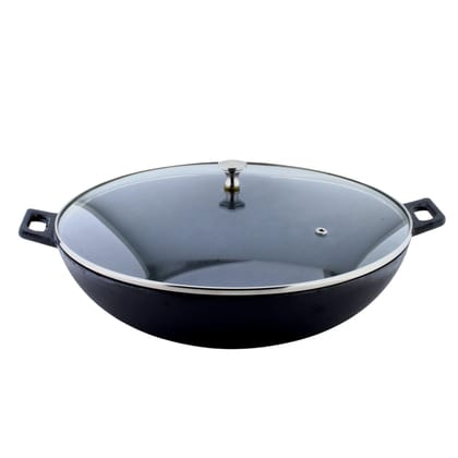 Trilonium Pre-Seasoned Cast Iron Kadai with lid, Sleek 3.5 Ltrs,  Diameter 30cms, 3 kgs
