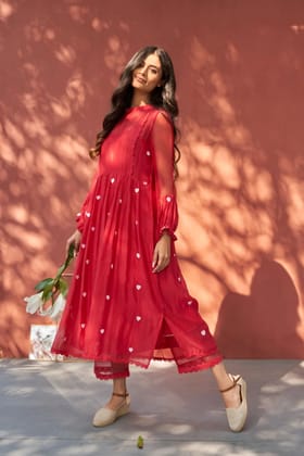 Red Cotton Embroidered Schiffli Lace Round Anarkali And Pant Set-XXL