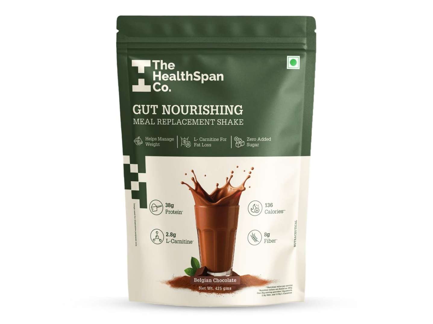 The Healthspan Co. Gut Healthy Meal Replacement Shake for weight loss, Men & Women, Rich in Plant based Protein & Fiber, 425g, Belgian Chocolate