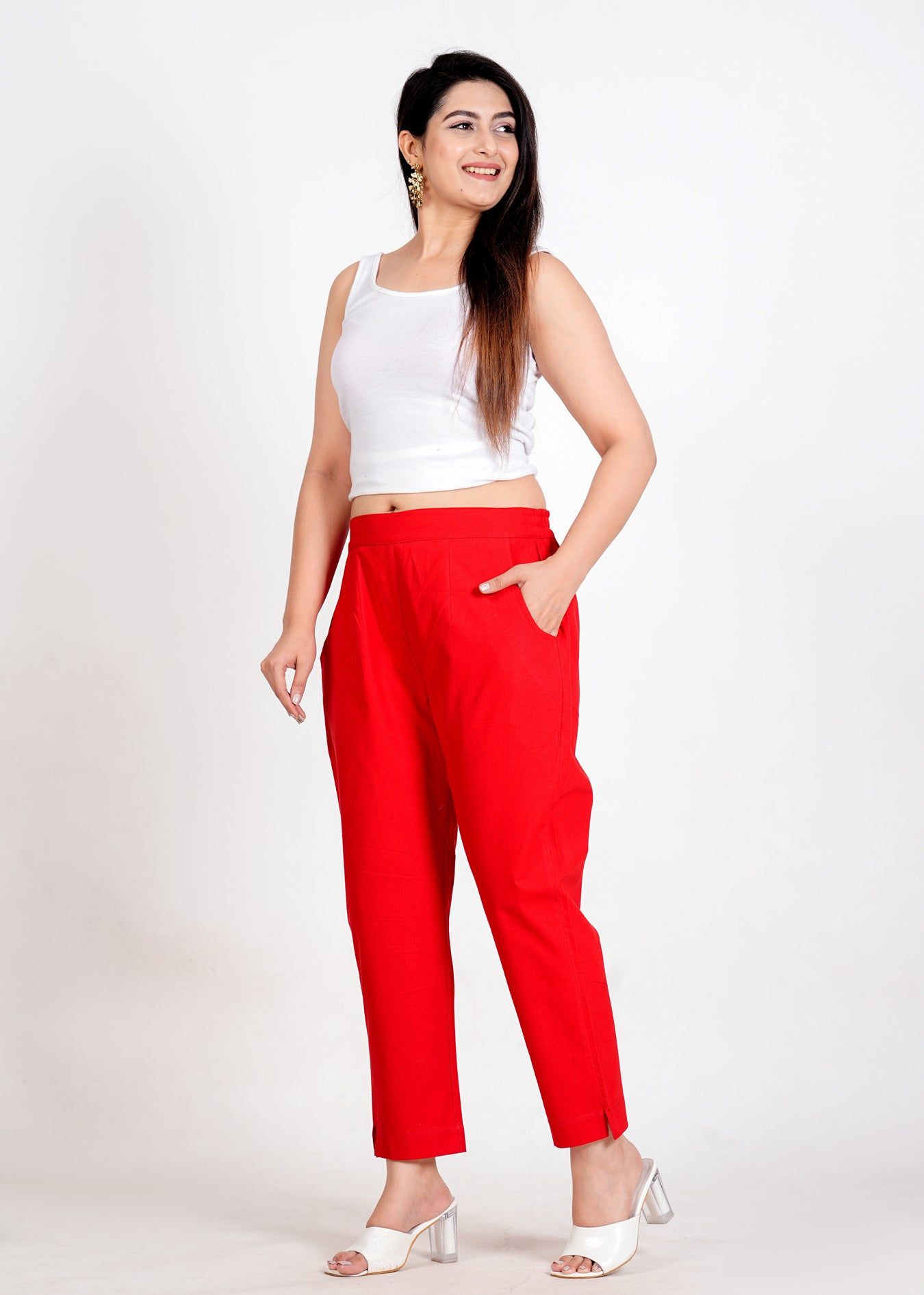 Women's Red Cotton Trouser Pant - Regular Fit for Office, School, and Casual Wear-S / Red / 100% Cotton