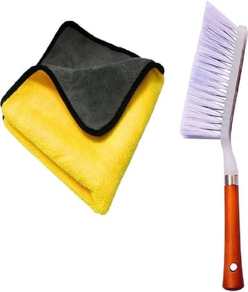 INGENS Combo of Car and Carpet Cleaning Brush and Microfiber Cleaning Cloths,40x40cms 600GSM Highly Absorbent, Lint and Streak Free,Wash Cloth for Car, Window Yellow(Pack of 1 Cloth and 1 Brush)