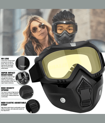 Aksmit Motorcycle Helmet Riding Goggles Glasses With Removable Face Mask,Detachable -proof Warm Goggles Mouth Filter Adjustable Non-slip Strap Vintage Fight Motocross Eyewear ( Yellow )