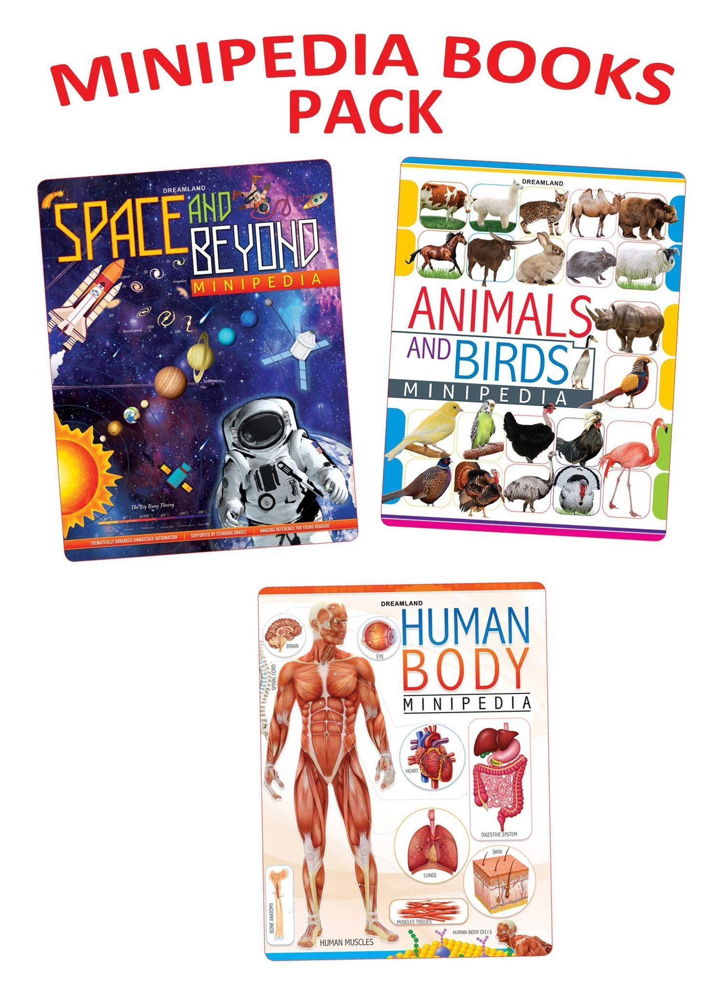 Minipedia 3 Books Pack for Kids Age 5-15 years - Space and Beyond, Animals, Human Body, 144 Pages [Paperback] Dreamland Publications