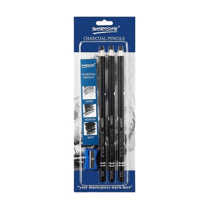 Worison Artist Charcoal Pencils Set of 3 - Soft, Medium, Hard + Sharpener