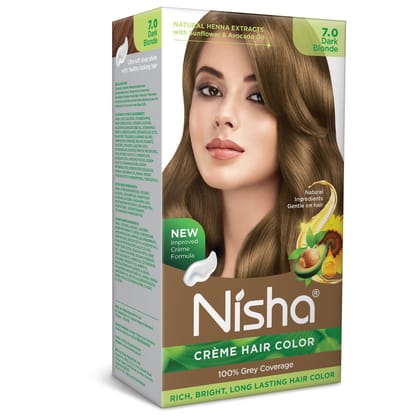 Nisha Creme Hair Color 7.0 Dark Blonde 120g, Permanent Hair Colour with Henna Extract, 100% Grey Coverage