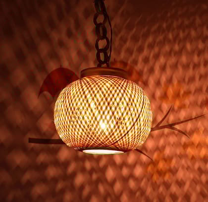 Hanging Bamboo Cane Lamp for Interior Decor, with Wire & Holder (Globe Design)