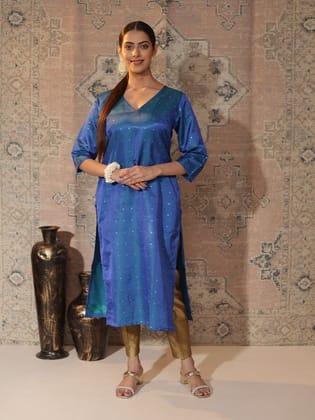 Midnight-Blue Satin-Silk Butti Work Straight Kurta for Women | V-Neck, 3/4-Sleeve Festive & Office Wear