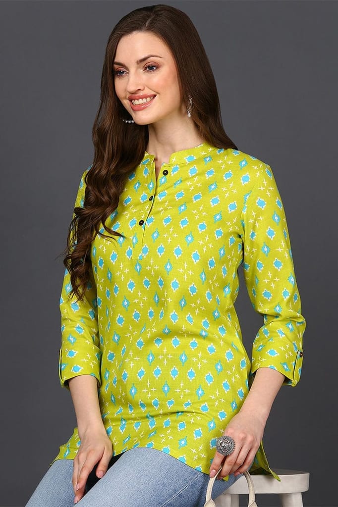 Top Women Lime Green Cotton Blend Geometric Print Straight Tunic VT1226 2026 at ShopCircuit | ON