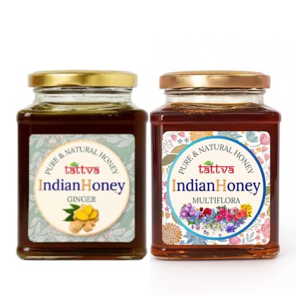 IndianHoney Himalayan Multiflora & Ginger Honey Combo (Pack of 2) | Pure & Natural | 1kg (500g Each) | Unprocessed & Unfiltered Natural Sweetener