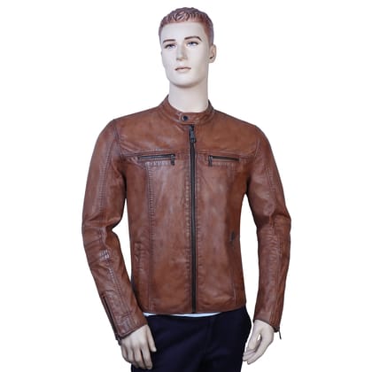 Metal Lion Front Zipper Cognac Ban Neck Collar Men's leather Jacket By Brune & Bareskin-S