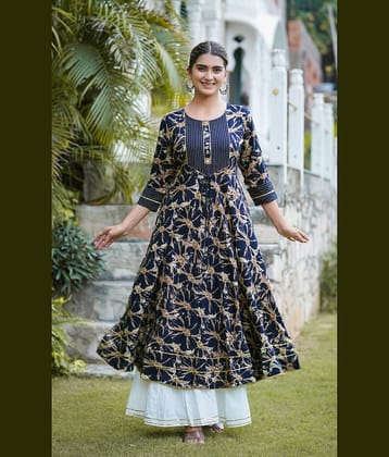 Yash Gallery Pack of 1 Rayon Printed Anarkali Women's Kurti - ( Blue )