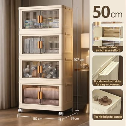 BAMEOS 𝟒 𝐏𝐀𝐂𝐊 Plastic Storage Cabinet with Doors & Wheels, Multipurpose Storage Organizer for Clothes,