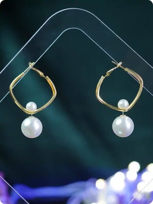 Elegant Pearl Drop Gold Plated Hoop Earrings White (Size Free)