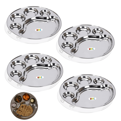 Nsvl Stainless Steel Round 5 Compartment Lunch/Dinner Plates, 31cm Diameter, Compartment Tray/Deep katori Devided Bhojan Thali/Lunch/5 Partition Dinner Plate-PACK OF 4