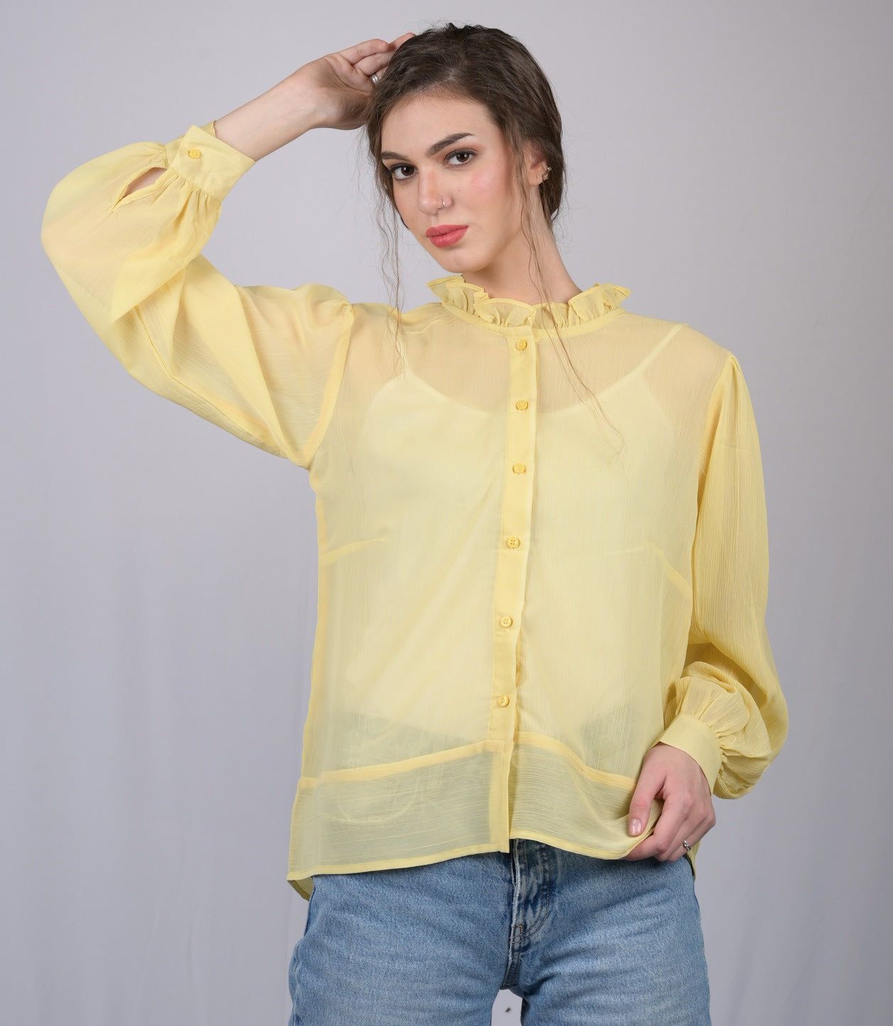 Yellow High Neck Full Sleeve  Regular Top (OTL-TPS1022)-Yellow / XS
