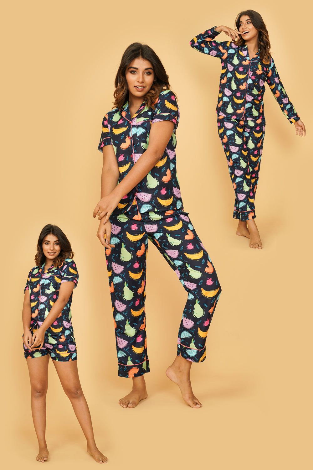 Fruit Pattern Combo Night Wear (Set of 2)-S / Navy Blue / Rayon Blend