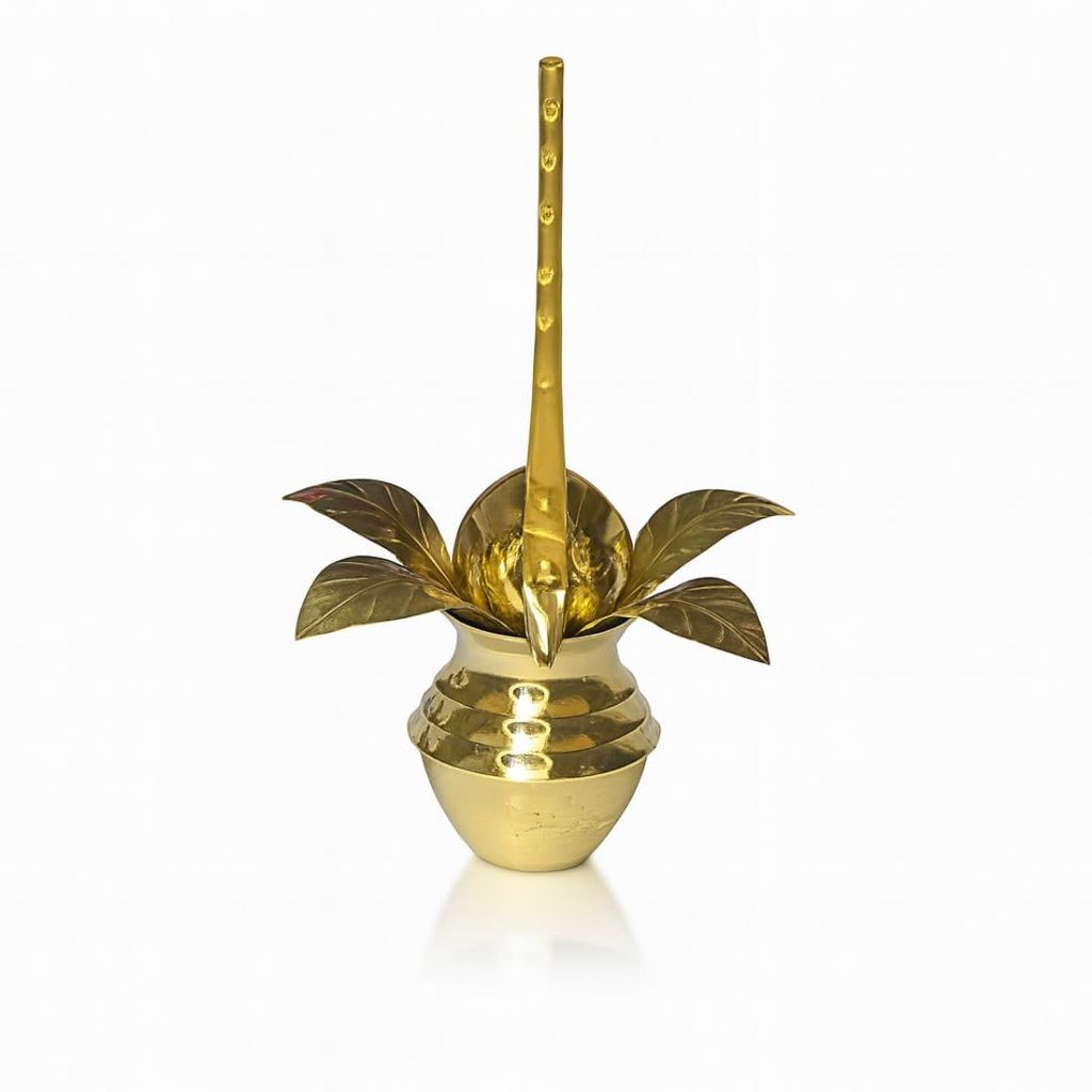 MAYAPURI Pure Brass Small Mangal Kalash with Coconut & Mango Leaves | Mini Devi/Laxmi Kalash with Nariyal & Amra Pallav | Pooja Ghat for Home, Navratri, Diwali & Festivals (Golden) - Pooja Needs | Buy online on ZillyBuy
