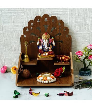 eCraftIndia Brown Om with Bells Design and 3 Shelfs Laminated Wood Pooja Temple