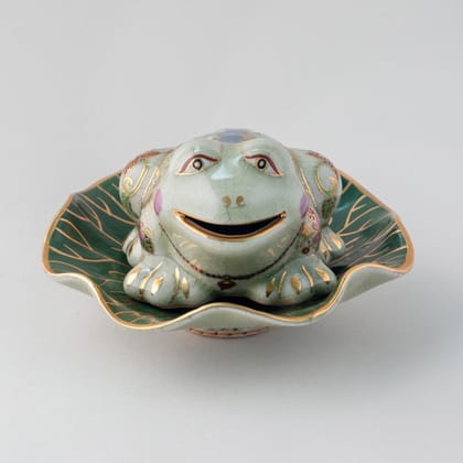 Eyaas Benjarong Celadon Frog on Lotus Leaf  Hand-Painted Porcelain from Thailand