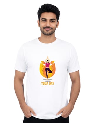 International Yoga Day Tree Pose Balance Polyester Round Neck T-Shirt 140 GSM White
