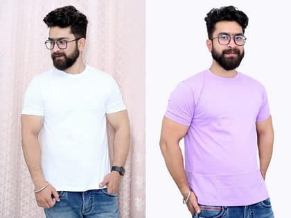 Tru Threads Solid Premium T-Shirt 2 Pcs Combo - White, Lavender (Size - M)