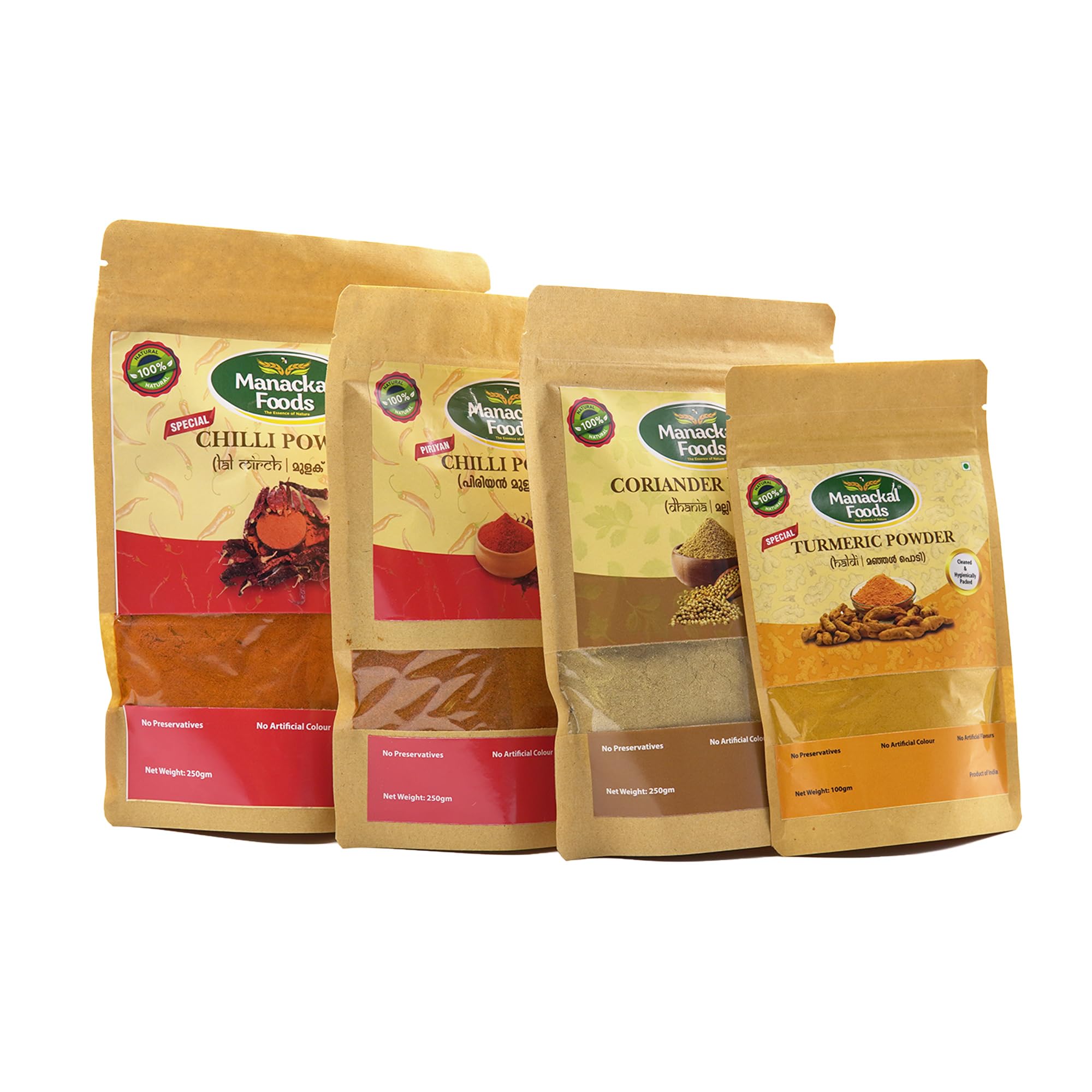 Manackal Foods Authentic Spice Combo Pack Special Blend-Chilli Powder-200g, Coriander Powder-200g, Turmeric Powder- 200g&Marayoor Jaggery powder-200g | Pure & Natural | 4 Pack-700g