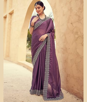 Satrani Georgette Embroidered Saree With Unstitched Blouse Piece ( Purple )