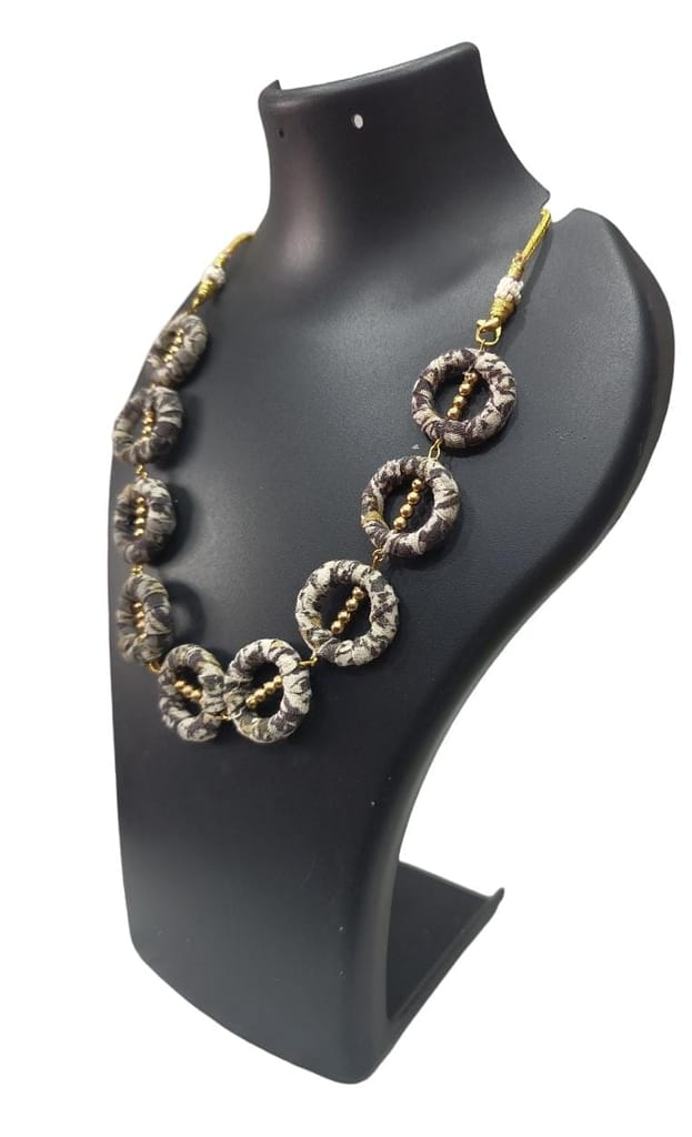 Oxidized hoop fabric necklace with golden beads