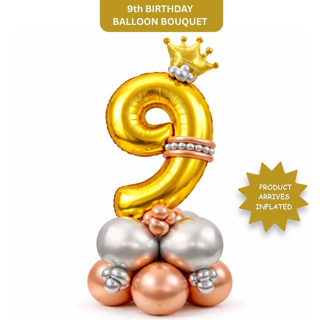 Royal Number 9 Large Golden Balloon Bouquet Arrangement with Small Crown & Silver, Rosegold Latex Balloons - Party and Festive Needs | Buy online on ZillyBuy