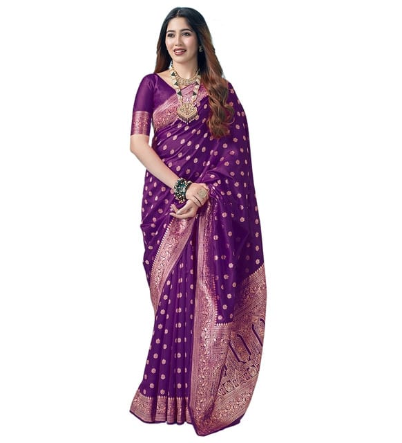 Generic Women's Jacquard Printed Saree with Unstitched Blouse Piece, Soft Lightweight 5.5 m Sari for Daily, Office and Wear (Purple, Design 67643)