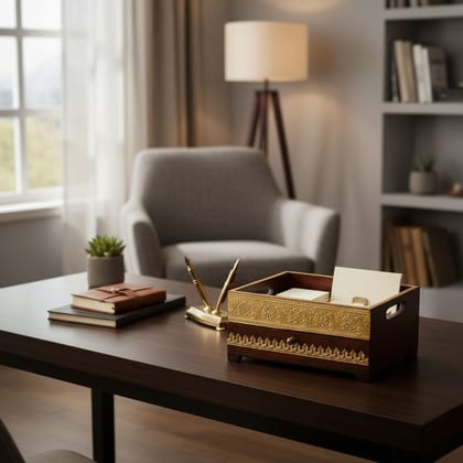 BAANMATA INTERNATIONAL Handicraft Jewelry Organizer-Desk,Brass-Embossed Wooden Cosmetics Storage-Desk,Home Living Multipurpose-Desk for Ladies