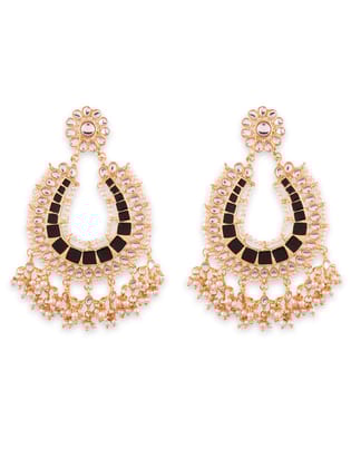 Grand Gold-Plated Kundan Chandbali Earrings with Black Enamel & Pearl Drops