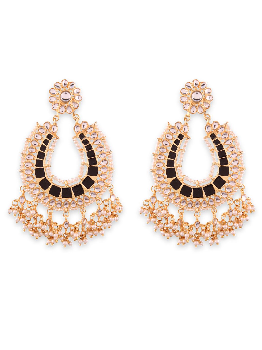 Grand Gold-Plated Kundan Chandbali Earrings with Black Enamel & Pearl Drops