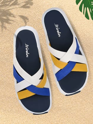 Hirolas® Men's Blue Fabric Strappy Slider Slippers (HROFF29BLW)