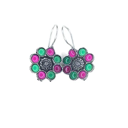 Oxidised Silver Floral Glitter Stones Earrings