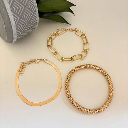 Golden Link & Snake Chain Bracelet set-Gold