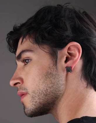 Square Iced Out Stud Earrings (Black Onyx)-Single / Black Onyx