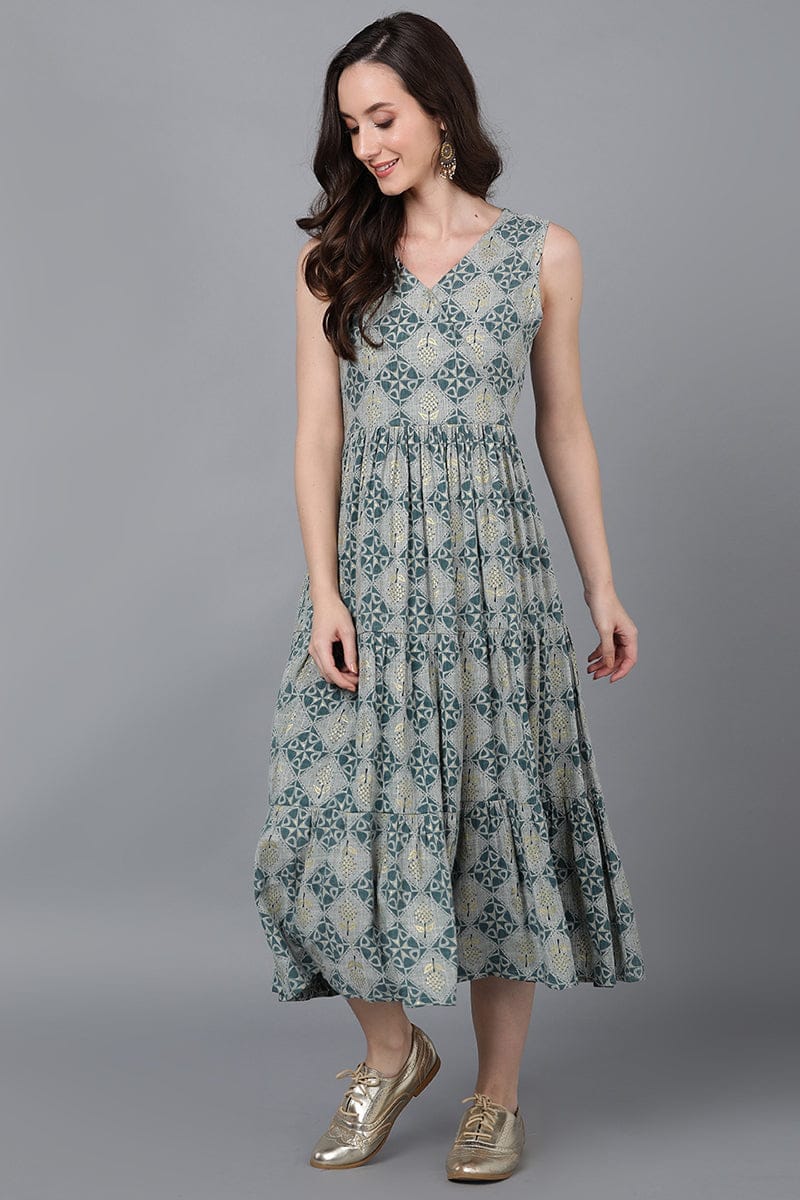 Grey & green Cotton Geometric Drop-Waist Dress VD1311
