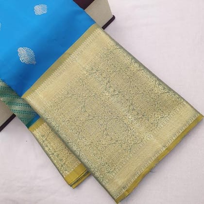 Kanchipuram Pure Silk Saree Ananda Blue And Yellow With Zari Woven Buttas And Long Zari Woven Kanchi Border
