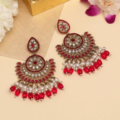 Rani Color Kundan Pakistani Earrings (KDE982RNI)-Length: 9.00 CM x Width: 5.00 CM / Pink / Alloy With Good Quality Mehndi Gold Plated