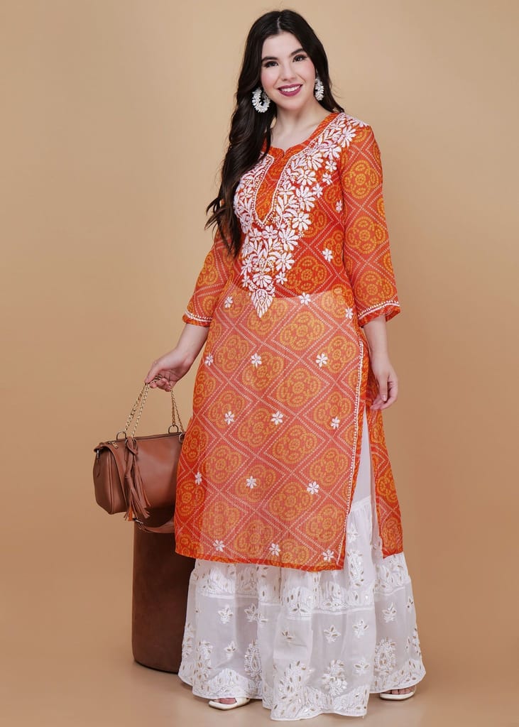 Handcrafted Kota Chikankari Straight Kurta - Orange