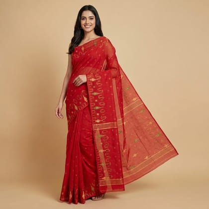 Handloom Bengal Tangail Cotton Saree|Red Handloom Bengal Tangail Cotton Saree|Red