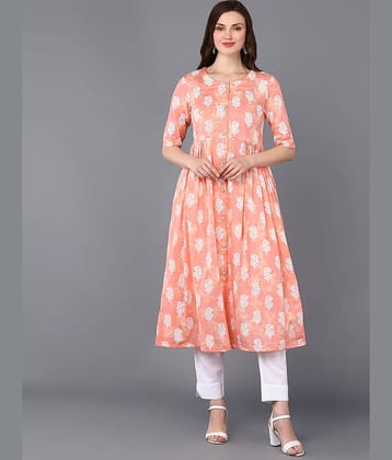 Vaamsi Cotton Printed A-line Women's Kurti - Peach ( Pack of 1 )