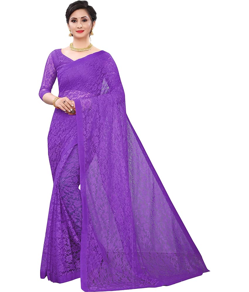 Saadhvi Net Embroidered Saree With Unstitched Blouse Piece ( Purple )