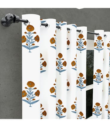 Classic Floral Hand Block Curtains  Marigold & Grey Leaf Boota Pattern ( 7 Feet )