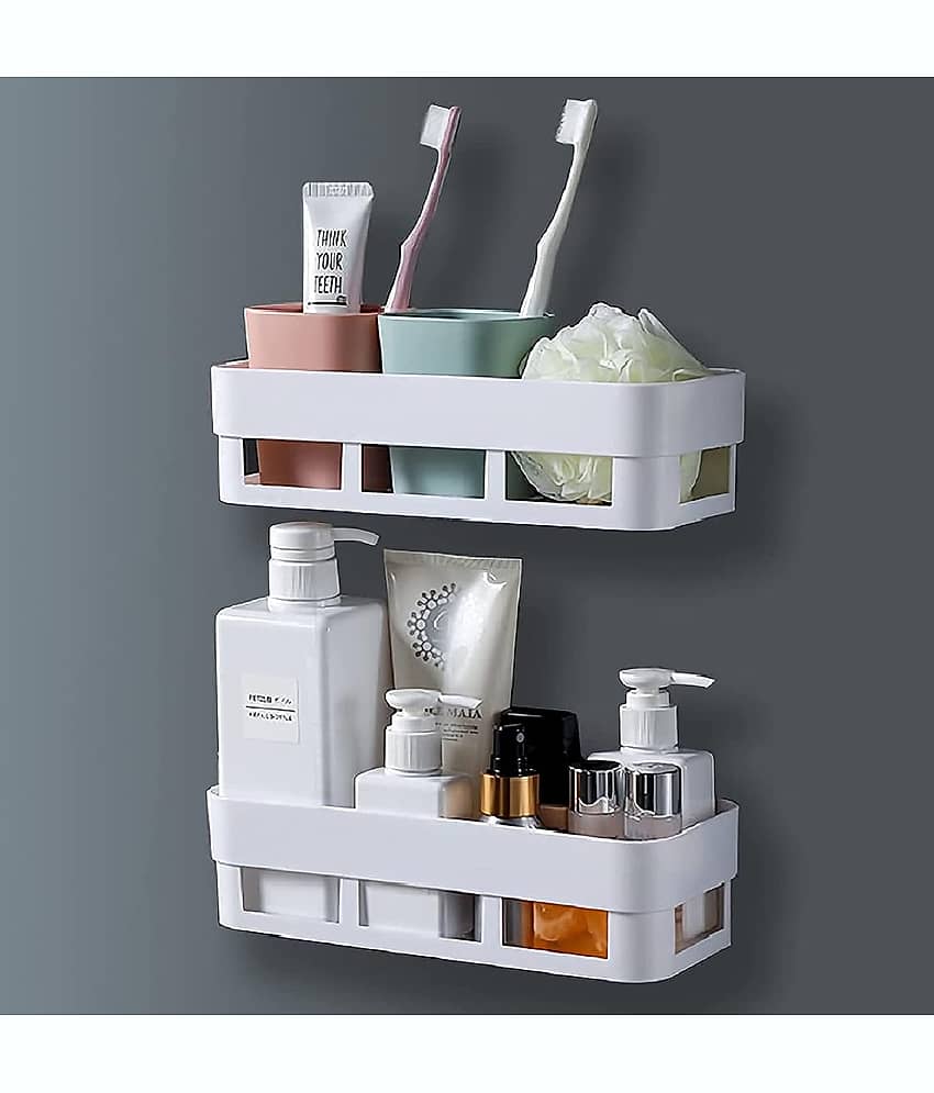 BLUE HOME AND KITCHEN Plastic Self Adhesive Wall Mounted Rectangular Bathroom Shelf Storage Organizer White (Pack Of 2)