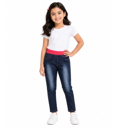 Girl's Denim Ribbed Elasticated Jeans (Red-Blue, 8-9-Yrs)-PID66056